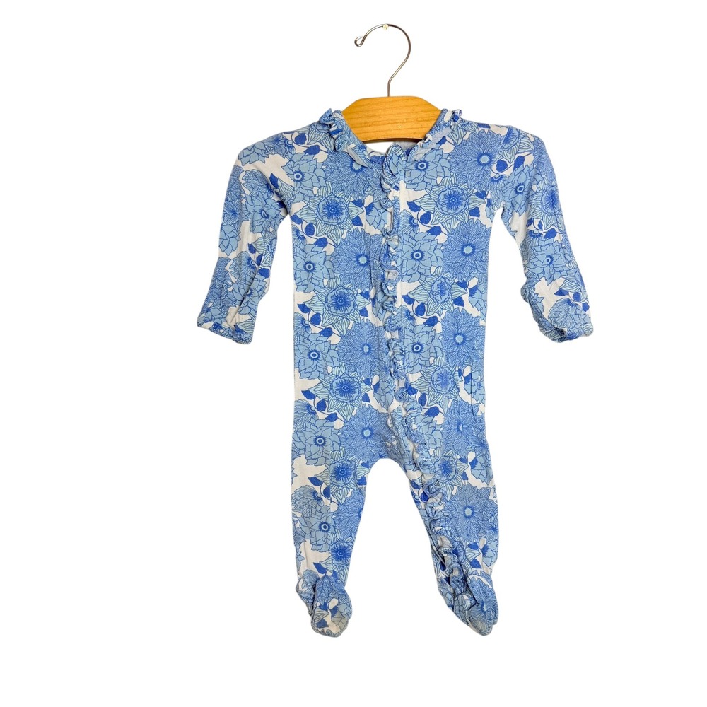 Kate Quinn Blue Floral Bamboo Viscose Ruffle Footie Sleeper Baby 3-6 Months